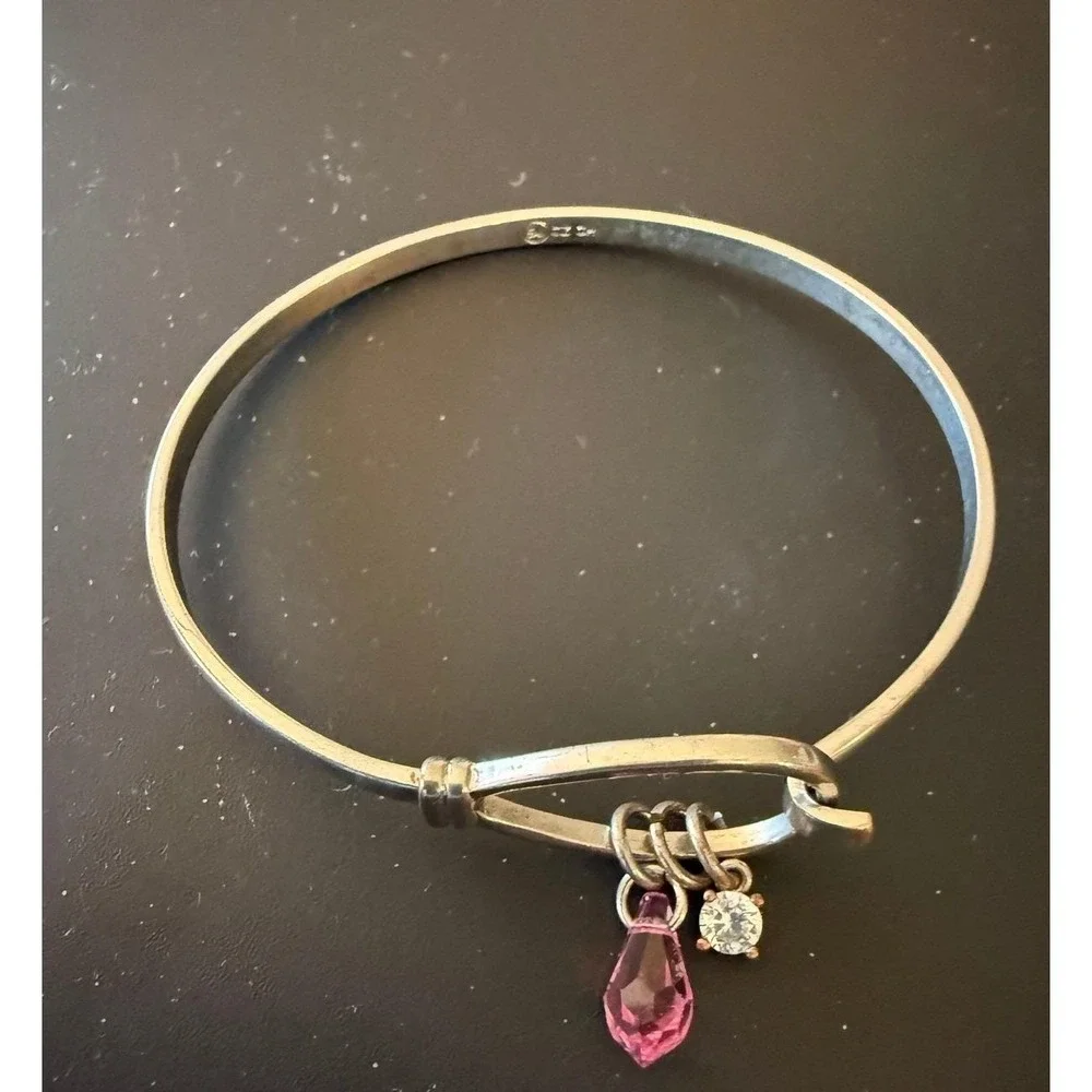Carolina Herrera 925 Sterling Silver‎ Charm Bangle Bracelet Pink Crystal Drop